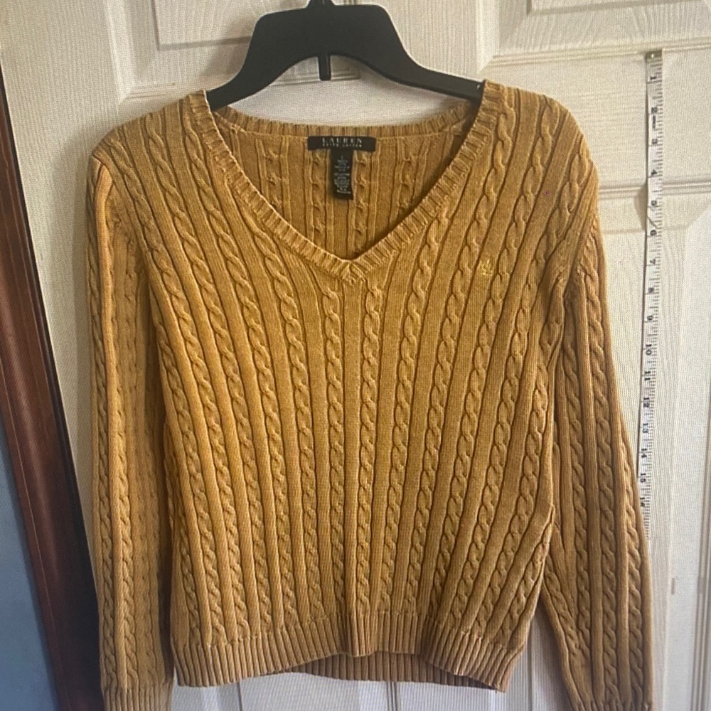 Ralph Lauren Mustard Cable-Knit V-Neck Sweater